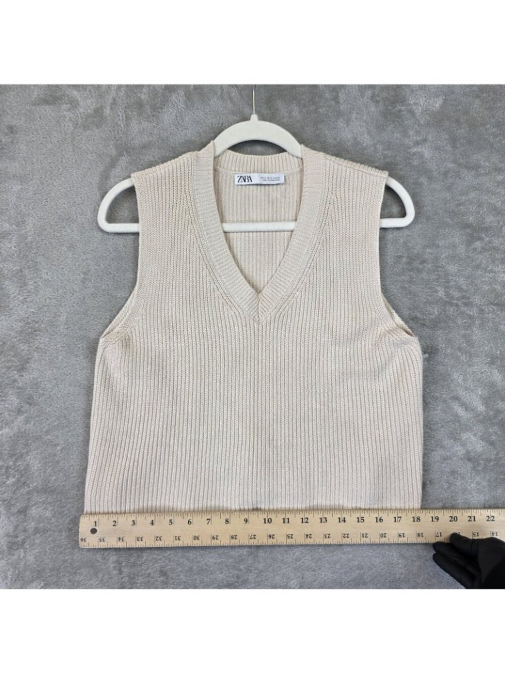 Zara Sweater Vest Womens S Beige Cotton Viscose V Neck Sleeveless Tight Knit - Picture 9 of 9